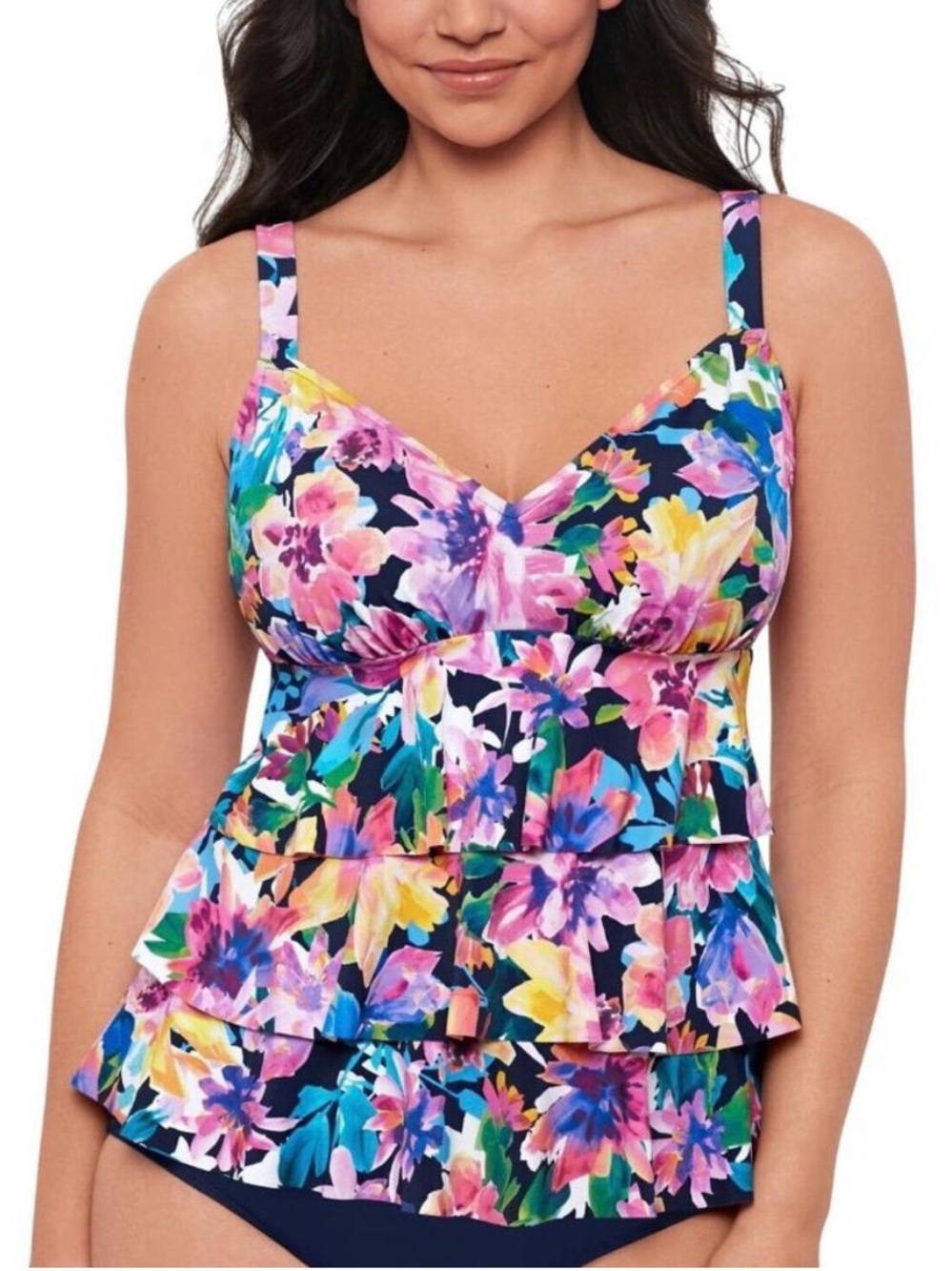 Swim Solutions Navy Multi Floral Triple Tiered Tankini Top Size 16